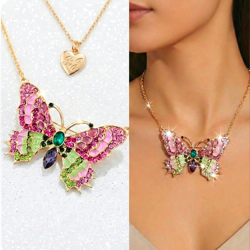 18K gold plated pink purple green crystal butterfly necklace/brooch